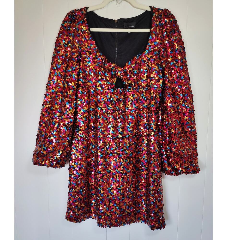 Lucy Paris Rainbow Sequin Mini Dress L Blouson Sleeve Party Glam